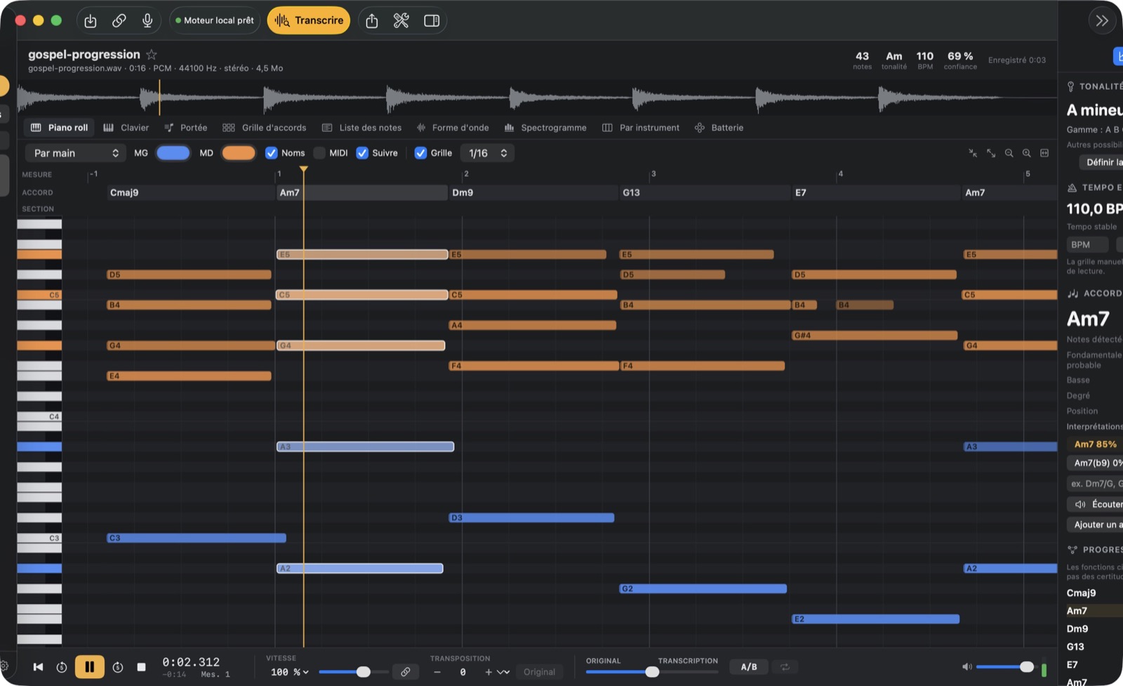 Piano roll de MANU TRANSCRIBE AI en lecture