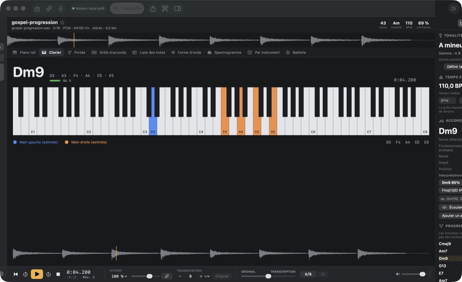 MANU TRANSCRIBE AI affiche l'accord Dm9 et allume ses notes sur le clavier